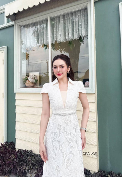 High Quality Collar Down Short Sleeves Lacey Dress